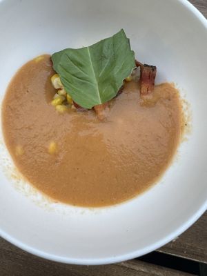 Corn, soy bacon, gazpacho   at Finch & Pine in Seattle