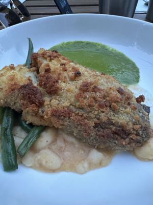 Crispy fried eggplant, salsa verde, white bean  at Finch & Pine in Seattle