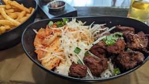 Steak (seitan) and rice bowl at Trail Life Brewing in Grand Junction