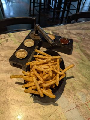 These thick cut fries were great! I doubt these sauces are all vegan, but the fries themselves were great and my wife enjoyed the sauces. at Trail Life Brewing in Grand Junction
