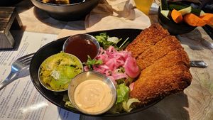 katsu not chicken substitute herb crusted tofu steak. super yummy at Trail Life Brewing in Grand Junction