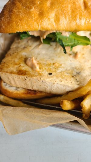 Patagonia sandwich with tofu and fries at Trail Life Brewing in Grand Junction