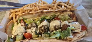 Vegan Falafel Wrap with fries at Trail Life Brewing in Grand Junction