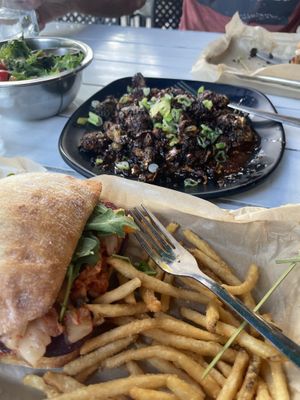 Vegan beet sandwich with side salad. Brussels sprout appetizer.  at Trail Life Brewing in Grand Junction