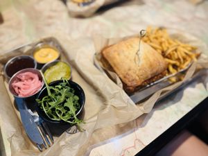 Panko breaded tofu steak loaded with deconstructed toppings   at Trail Life Brewing in Grand Junction