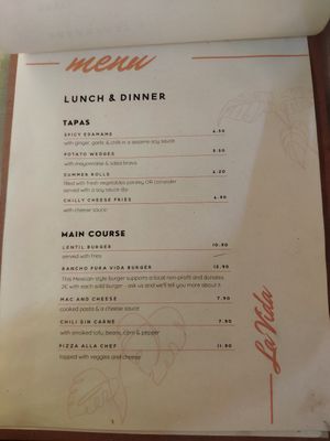 Menu at La Vida in Denia