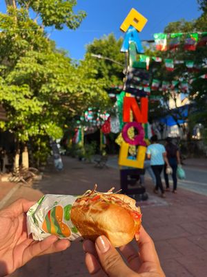 Notdog de la casa, lleva salchica tofu con pan sin gluten tomate picado y poro frito at 6.15 Vh Palenque in Palenque