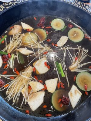 Mushroom broth and veggies  at Chengdu Memory 蓉城老火锅 in Seattle