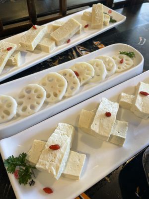Frozen tofu, lotus root, fresh tofu  at Chengdu Memory 蓉城老火锅 in Seattle