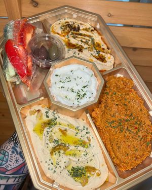 Mezze Platter, Aleppo Hummus, Lemon Garlic Hummus, Toum, Muhammara    at Oleum Vegan Kitchen in Okinawa