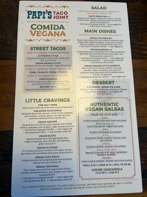 vegan menu  at Papi's Tacos in Ocean City