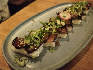 Pressed rice topped with miso eggplant at NORI WAY in Milan