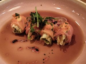 Starter of tempura zucchini flowers wrapped in vegan salmon at NORI WAY in Milan