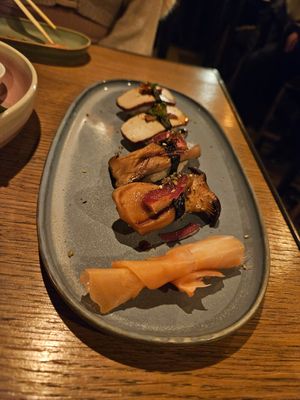 Smoked tofu nigiri + king oyster nigiri at NORI WAY in Milan