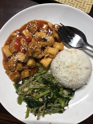 Oreng oreng (tofu tempeh sweet sauce and rice)  at Felice's Vegetarian Restaurant in Kuta