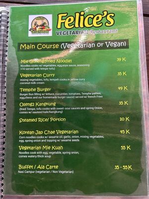 Menu July  at Felice's Vegetarian Restaurant in Kuta