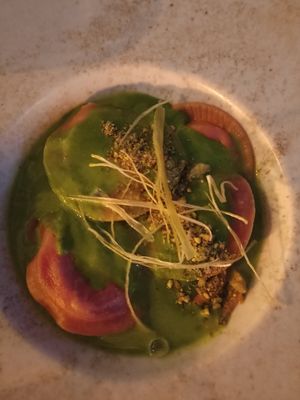Beetroot-nuts ravioli at Sisinely All Day Bar in Athens