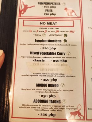 Menu at Hungry Monkeys in Cebu