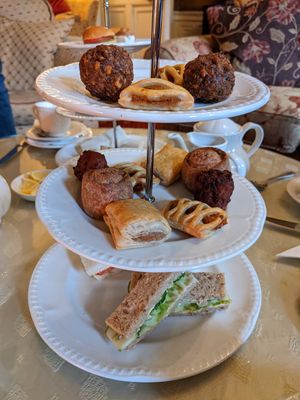 Vegan savoury dainties including 'pork' pie, sausage roll, spiced pastry and onion bhaji at Roman Camp Hotel in Callander