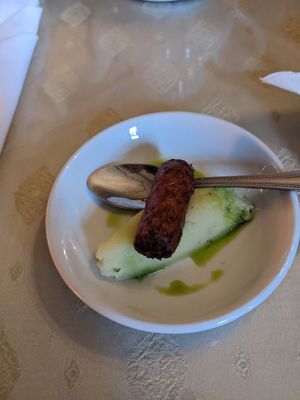 Vegan starter, sausage and mash at Roman Camp Hotel in Callander