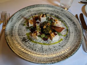 Vegan feta amm, hazelnut and beetroot salad starter at Roman Camp Hotel in Callander