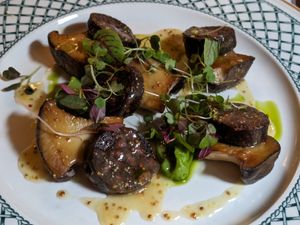 Oyster mushrooms and vegan black pudding and pee puree at Roman Camp Hotel in Callander