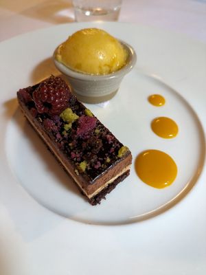Vegan pistachio and raspberry delice at Roman Camp Hotel in Callander