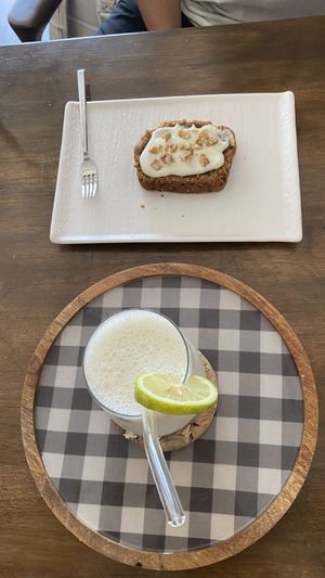 An amazing vegan carrot cake with a smoothie. Would absolutely recommend this place   at Tyche in Antalya
