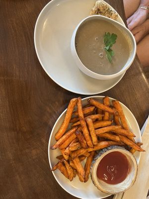 The mushroom soup and sweet patatoes with ketchup  at Tyche in Antalya