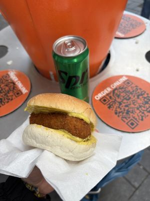Broodje Kroket (croquette burger) with mustard sauce, vegetarian  at Vlaamse Frites Snackland in Amsterdam