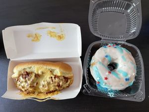 Chili cheese dog and a donut  at My Vegan Sweet Tooth in Virginia Beach