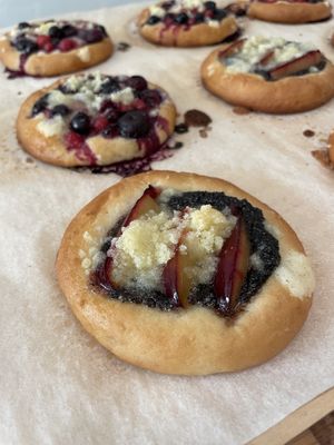Traditional kolaches in vegan version with sweet poppy seed and plums  at Kolacherie Celetna in Prague