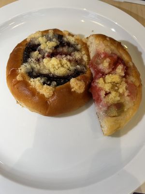 Poppyseed, plum, and streusel (left) and strawberry, rhubarb, and vegan custard (right)  at Kolacherie Celetna in Prague