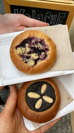Two types of Kolache: bottom - poppy seed, top - berries and crumble. Both so good   at Kolacherie Celetna in Prague