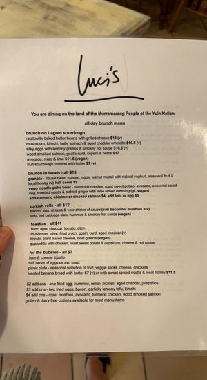 Food menu  at Luci's  in Bawley Point