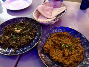 Bakoula (left), gluten-free pitas (behind), Za'Alook (right) at Tajine in Santa Fe
