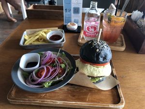 Vegan Burger 🍔 With Side Salad 🥗 Side Fries 🍟 Peach & Strawberry Soda 🍑🍓  at Cafe K.O.B - By The Sea in Koh Samui