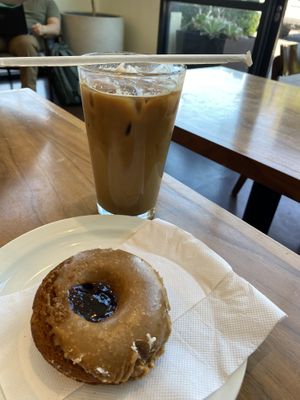 PBJ donut and vanilla soy latte iced  at Temple in Sacramento