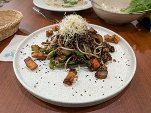 Quinoa fried banana soy sauce dish at Florencia - Vegan Kitchen in Lima