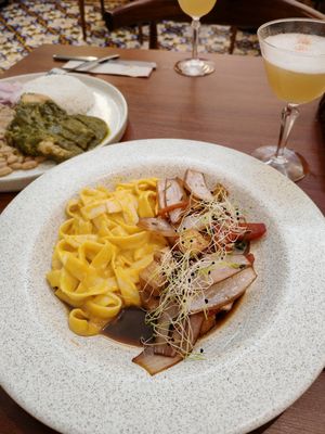 Main. Tofu and pasta in yellow sauce at Florencia - Vegan Kitchen in Lima