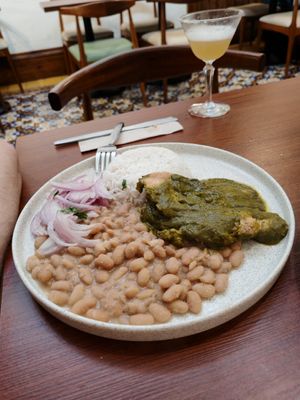 Pesto chicken and beans and rice at Florencia - Vegan Kitchen in Lima