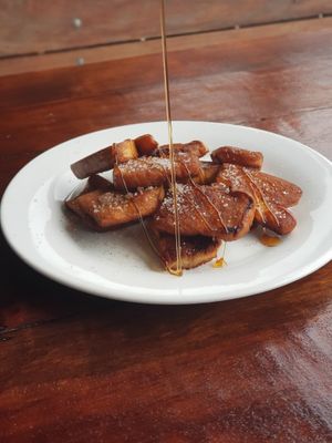 Vegan French toast with maple syrup at The Hideaway in Kampot