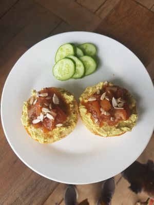 Homemade vegan cream cheese and chutney on seeded bagel at The Hideaway in Kampot