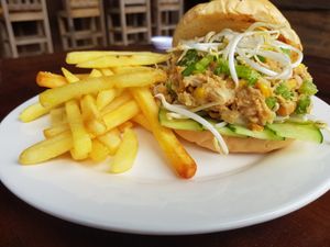 Vegan chickpea 'china roll loaded with fresh veg at The Hideaway in Kampot