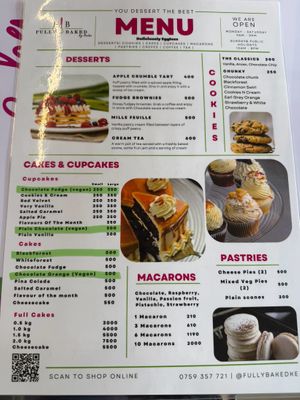 Highlights in Green are vegan (they added the black forest cakes recently)  at Fully Baked in Nairobi