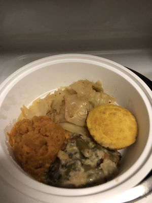 Cornbread, cabbage, sweet potatoes & green bean casserole  at Bean Vegan Cuisine in Charlotte