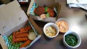 Tofu Fingers, Crabby Plate, Steamed Kale, Hashbrown Casserole and Cheesish Dip. All were WONDERFUL at Bean Vegan Cuisine in Charlotte