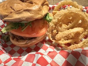 Crabbie Patty Sandwich with onion rings   at Bean Vegan Cuisine in Charlotte