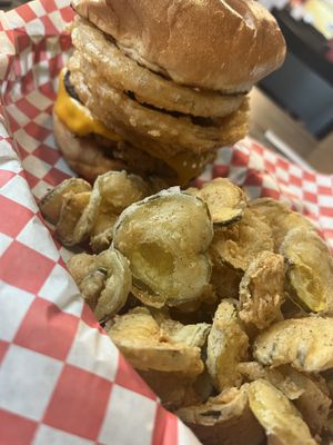 Cowboy burger with fried pickle chips   at Bean Vegan Cuisine in Charlotte