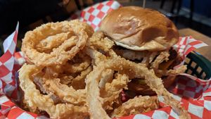 Cowboy burger with onion rings at Bean Vegan Cuisine in Charlotte